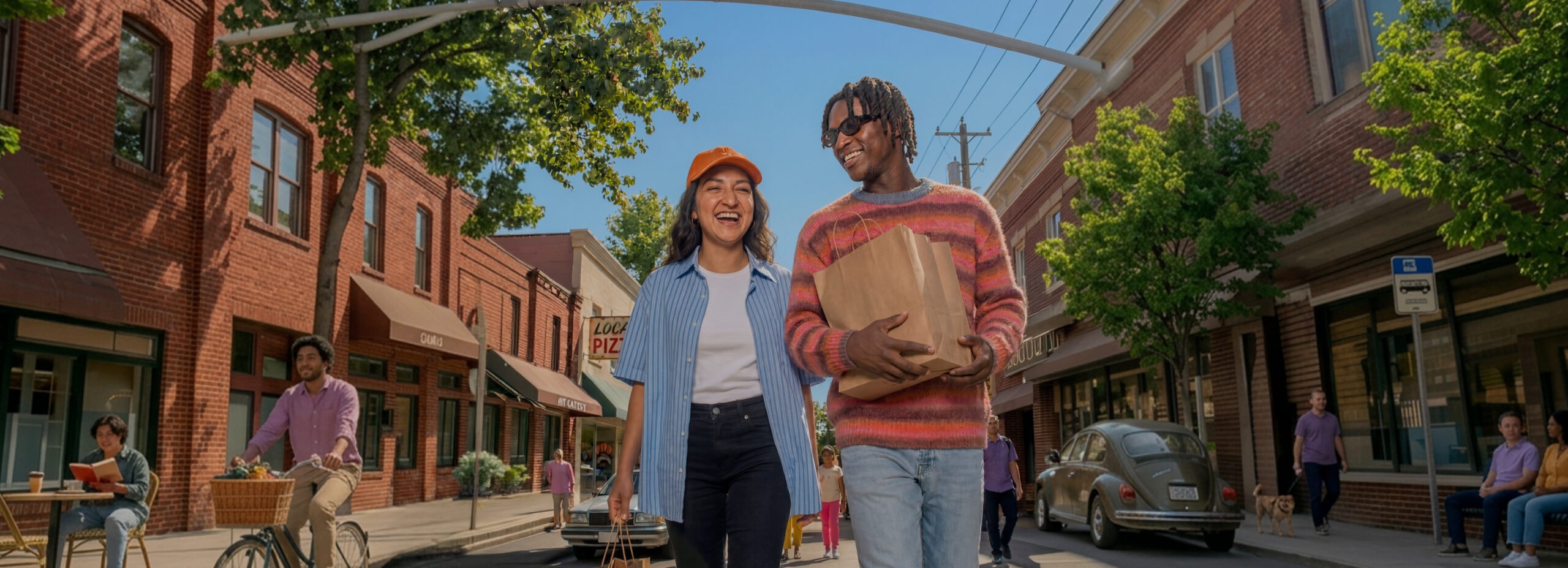 Young adults walking down the street with groceries
