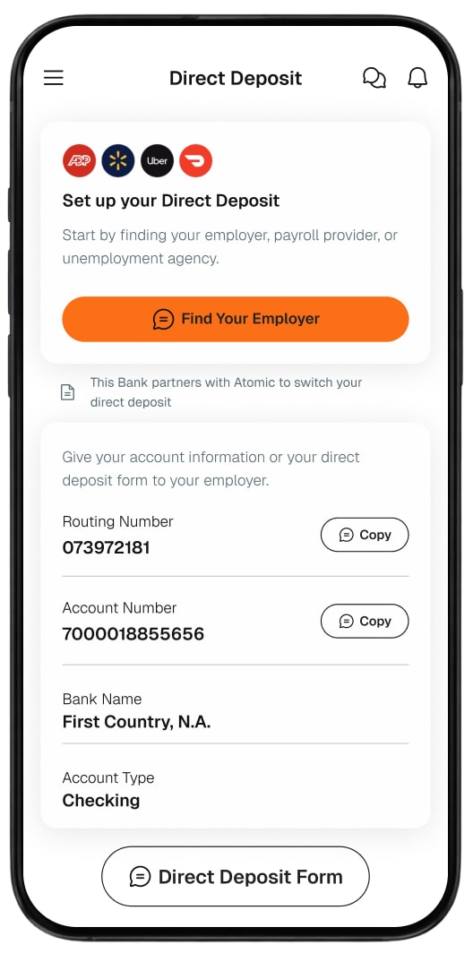 Phone showing the direct deposit setup screen